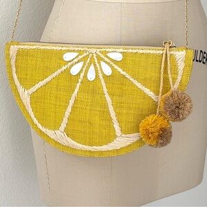 J Crew KAYU Limon Crossbody/Clutch Bag NWOT Yellow Raffia, Mother of Pearl Shell